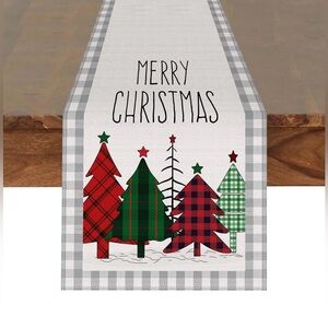 NEW Christmas Table Runner Merry Christmas Buffalo Plaid Trees 13X108 inch